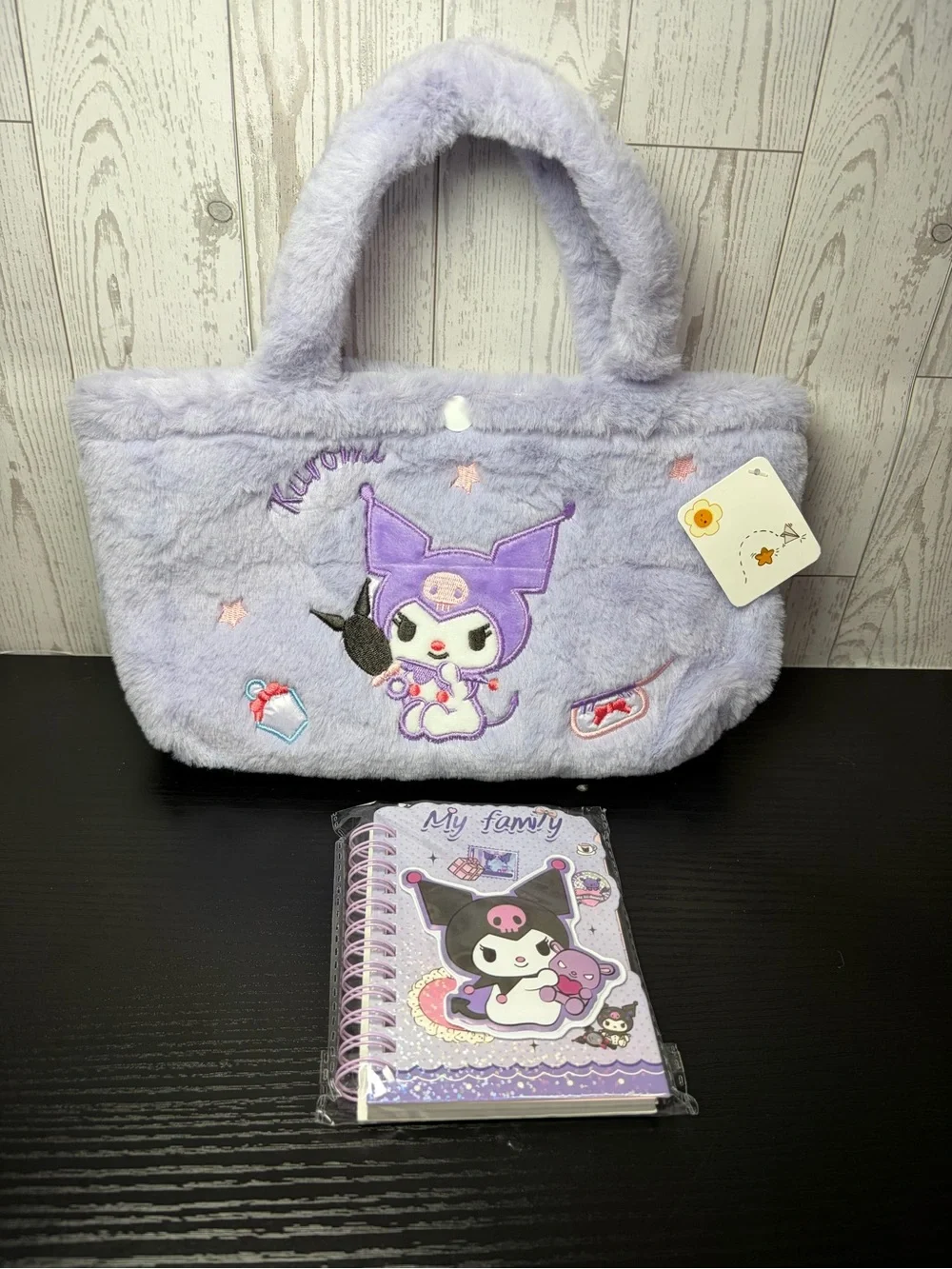 Lilac Plush Kids Kuromi Embroidered Handbag With Kute Kuromi Notepad